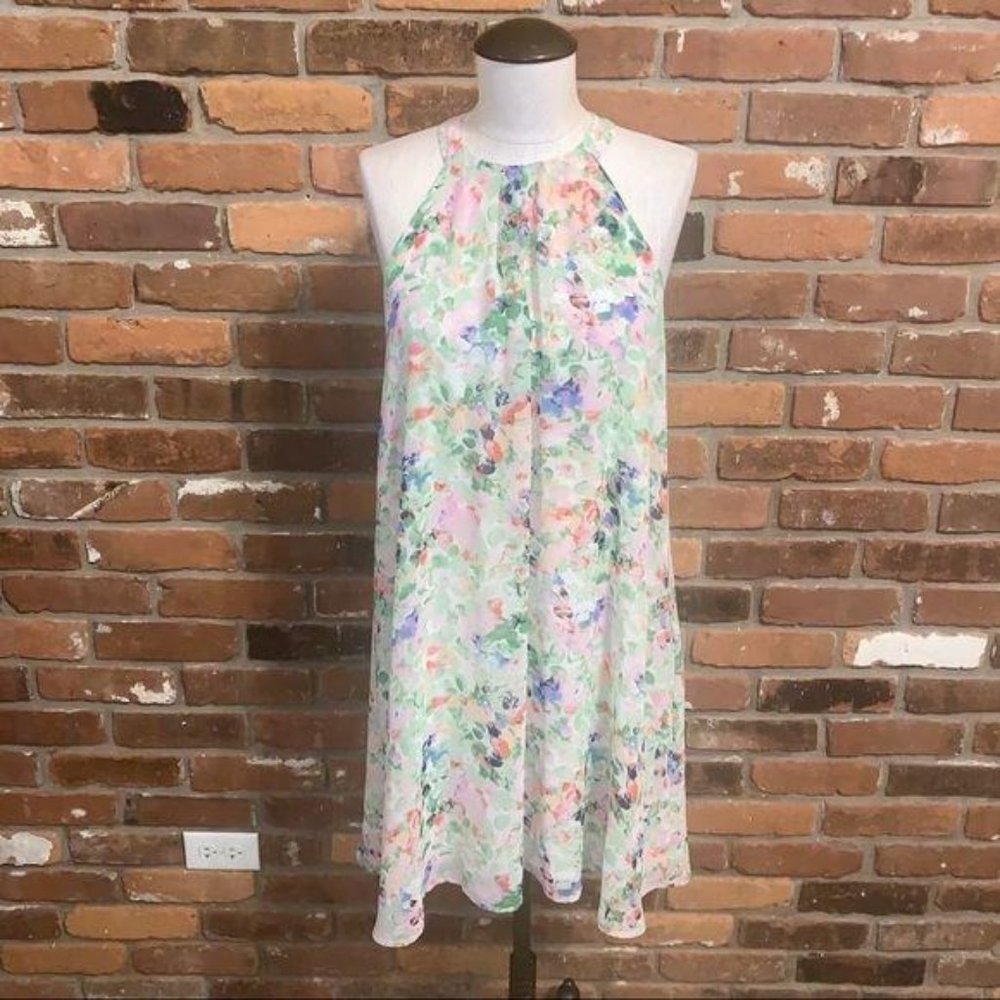 ASTR Womens Floral Sleeveless Trapeze Swing Dress Size Small Halter Summer